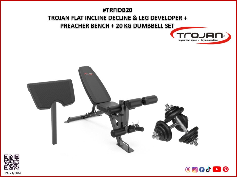 Exercise Bench FID Inc Leg Ext & Ham String Developer + 20 Kg D/Bell Set